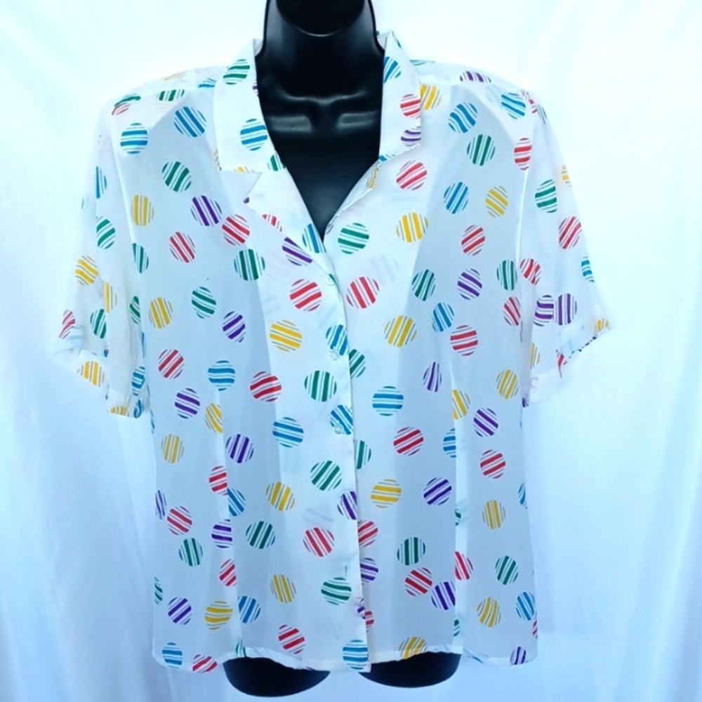 Vtg. Shapely semi-sheer printed blouse button down Sz 12, shoulder pads